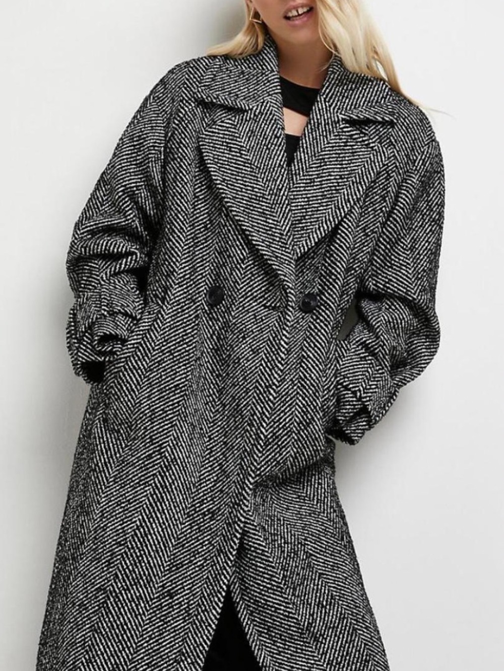 River Island Black & White Herringbone Double-Breasted Trench Coat